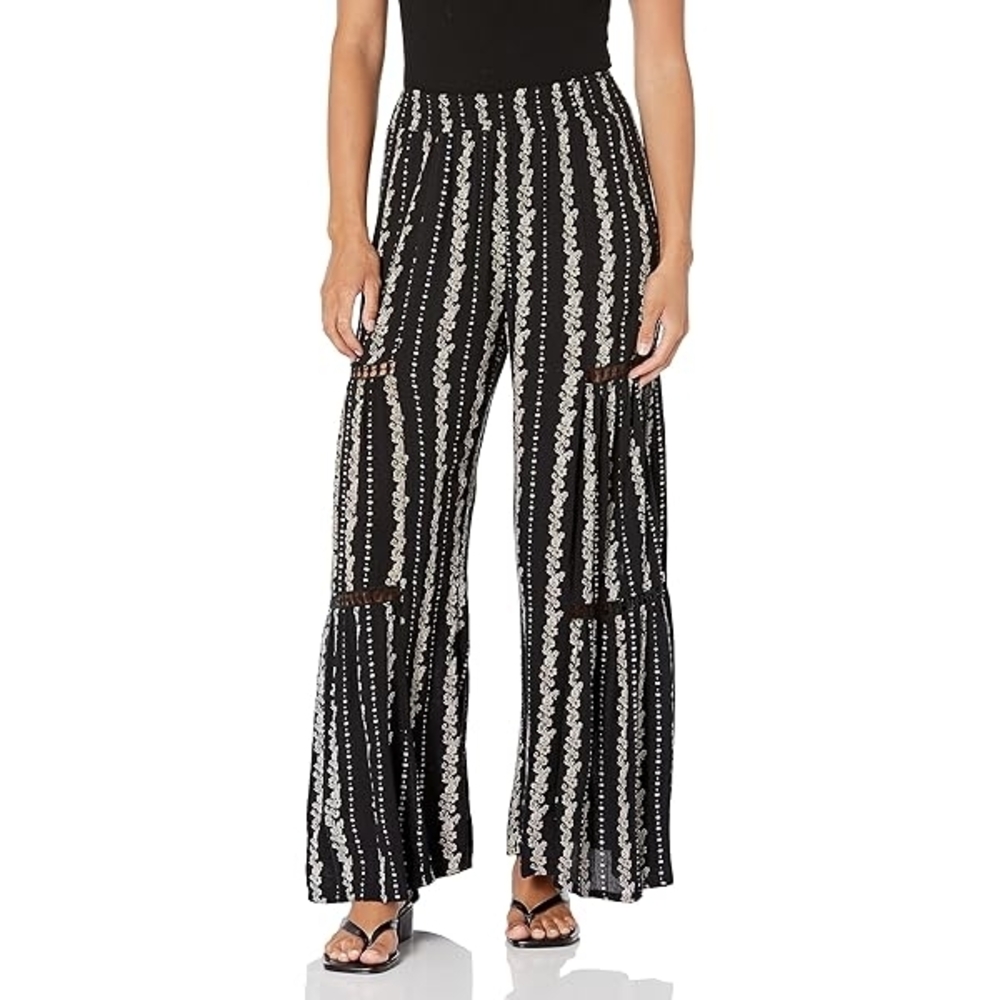 Angie Black and White Floral Wide-Leg Pants Boho Flare Women's Large
